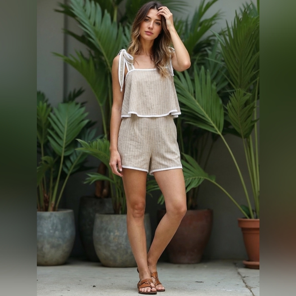 Lalavon Taupe & Green Contrast Hem Tie Romper W/Pockets